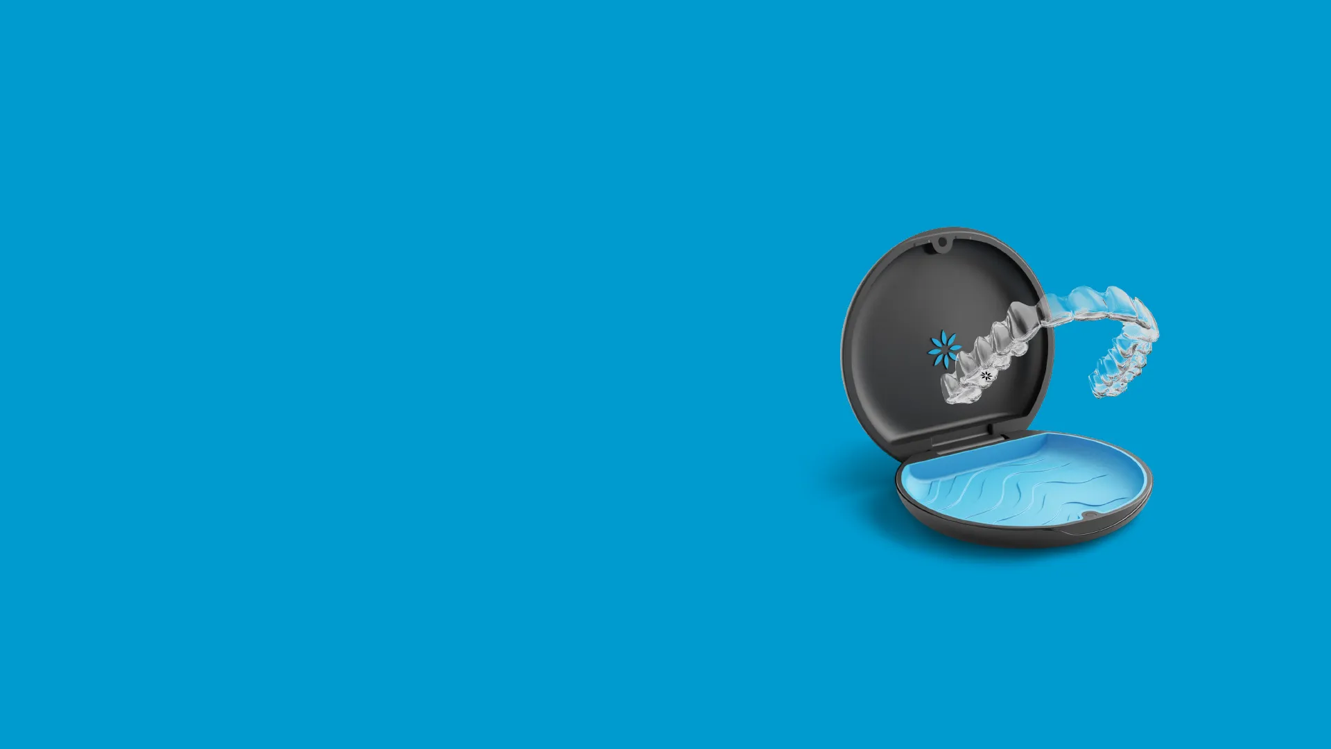Clear dental aligner above black case on blue background illustrating invisible teeth straightening.