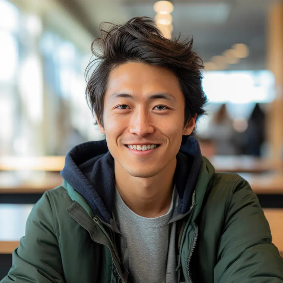 Smiling young man with tousled hair wearing a green jacket and hoodie indoors in soft natural light