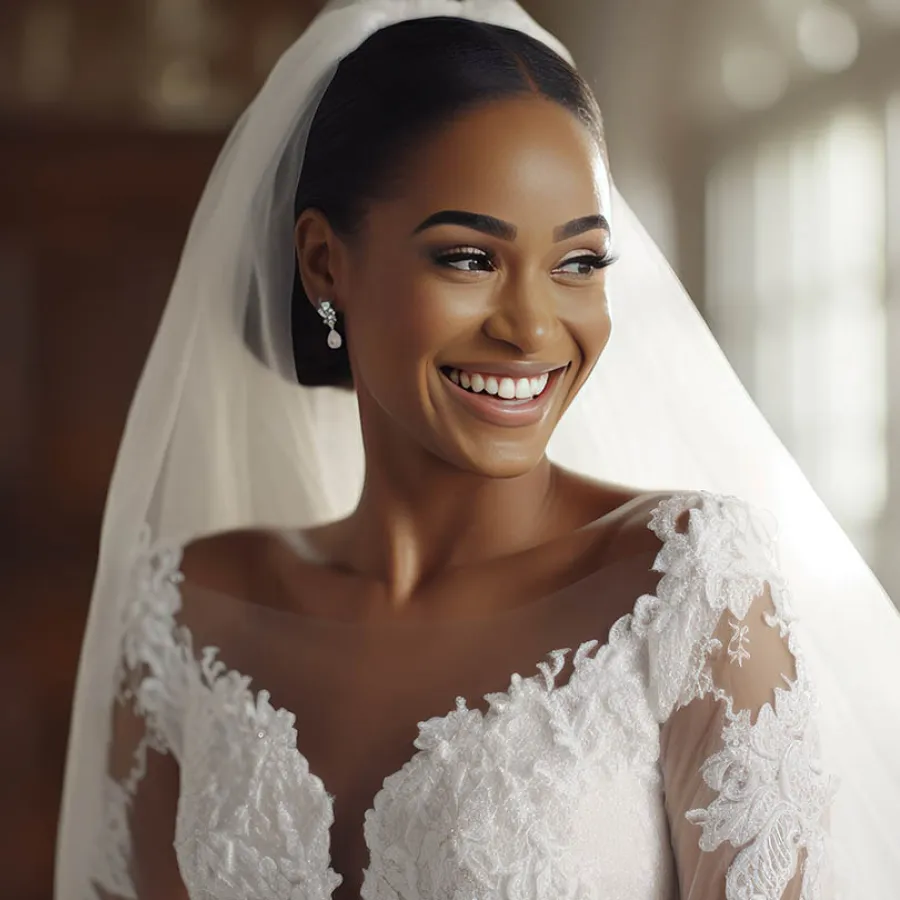 Smiling bride in a lace wedding dress and veil with pearl drop earrings in soft indoor lighting