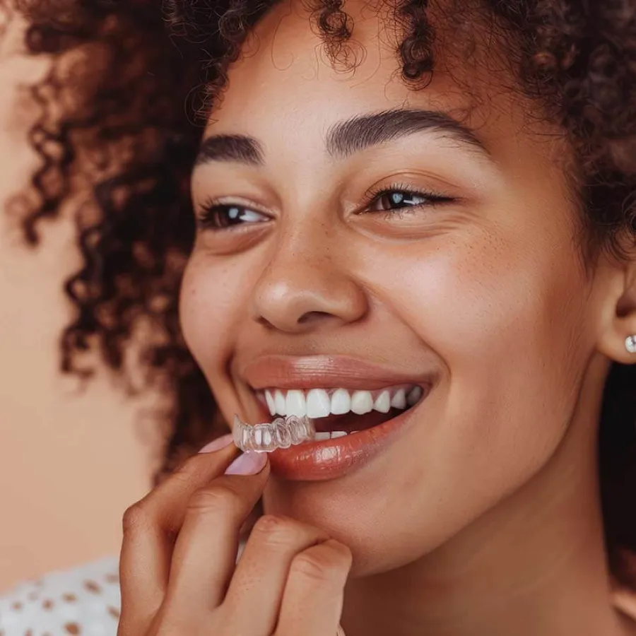 a woman smiling with her hand on her chin