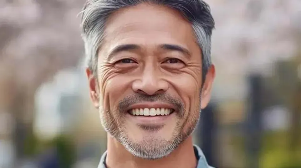 Smiling middle-aged Asian man with gray hair and beard wearing a blue shirt outdoors with blurred background.