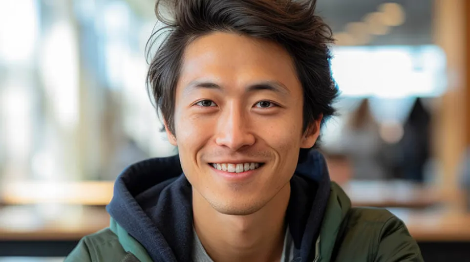 Smiling young man with tousled hair wearing a green jacket and hoodie indoors in soft natural light