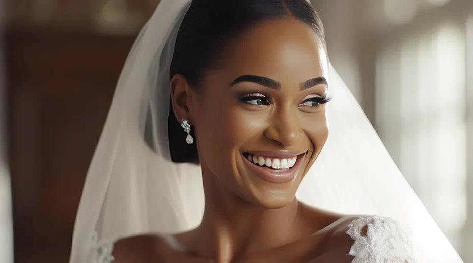 Smiling bride in a lace wedding dress and veil with pearl drop earrings in soft indoor lighting