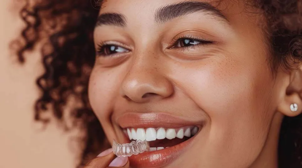 a woman smiling with her hand on her chin